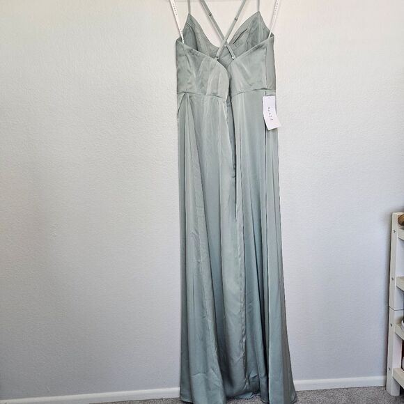 NWT Azazie Naomie Agave A-Line Cowl Neckline Side Slit Stretch Satin Dress, A14 - Picture 5 of 12